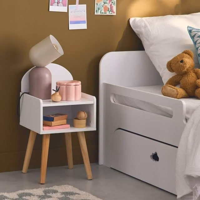 sweeek White Retro Pine Wood Bedside Table for Children's Bedrooms W/D/H: 55.6 x 30.0 x 30.0 cm