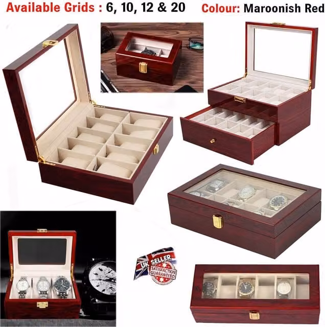 Xample Red Leather Watch Display Case and Jewellery Storage Organizer Box with Glass Lid and Wood Construction, W/D/H: 50 x 50 x 50 cm