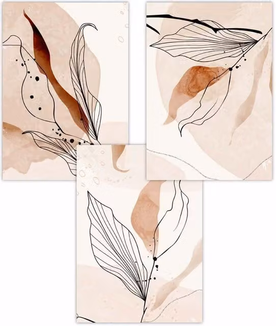 ARTZE Set of 3 Abstract Autumn Leaves Botanical Art Posters in Orange, W: 50 cm, H: 70 cm
