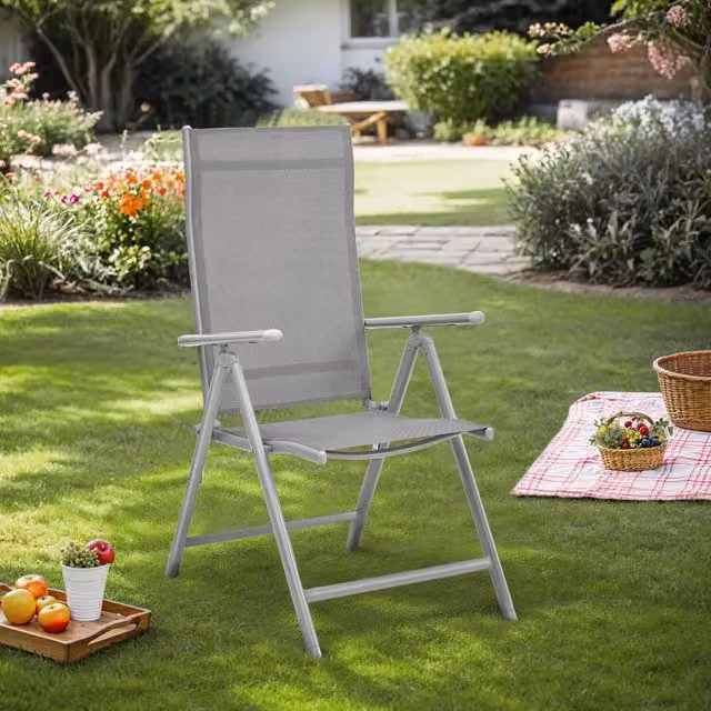 The Bazaarist Set of 4 Grey Folding Garden Chairs with 8-Position Reclining Backrest and Armrests
