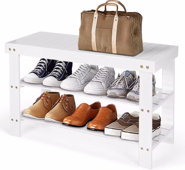 Costway Modern White Wood Entryway Shoe Bench