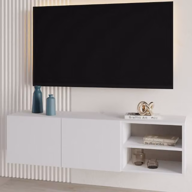 Decortie Modern White Floating TV Stand for 50 Inch TVs with Soft Close Drawers and Media Compartments