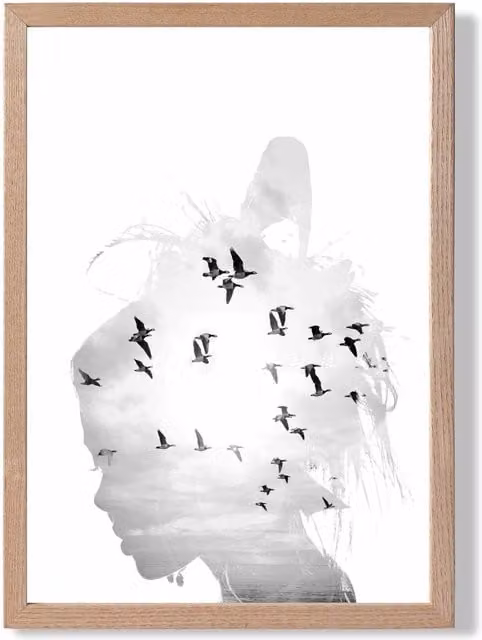 ARTZE Abstract and Seabirds Black and White Photo Framed Print with Oak Frame