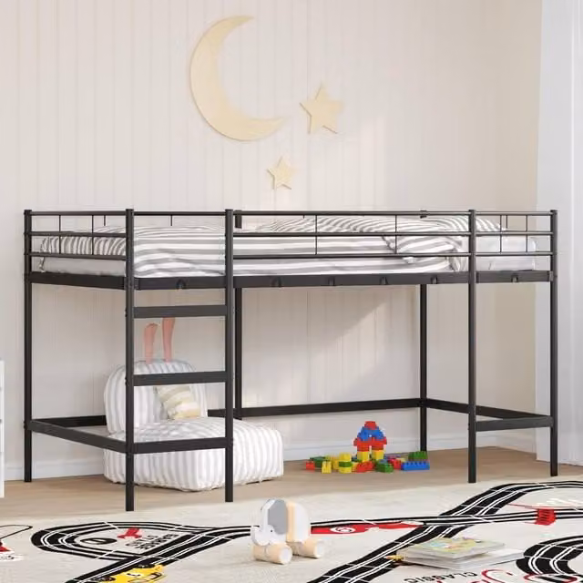 Berkfield Home Kids Loft Bed Frame in Black Metal, W/D/H: 90 x 200 cm