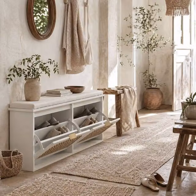 Wyld Haus Hano White and Beige Boho Shoe Bench with Cushioned Seat and 2 Rattan Flip Drawers