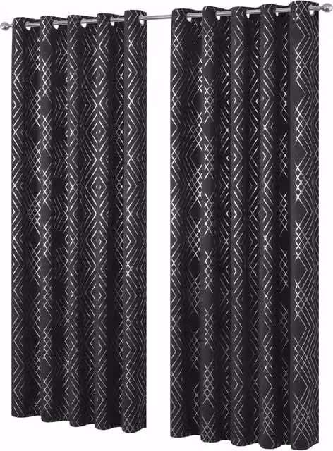 NewEdgeBlinds Geometric Graphic Blackout Eyelet Curtains, Black, W: 167 cm, H: 228 cm