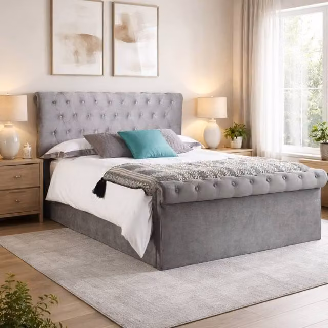 Aspire Mayfair Chesterfield Sleigh Ottoman Velvet Bed Frame in Grey, Size: Single, W/D/H: 90 x 190 x 110 cm