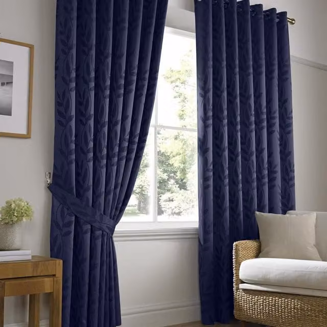 Tivoli Blue Floral Jacquard Fabric Panel Curtains with Rod Pocket, Width: 229 cm, Height: 274 cm