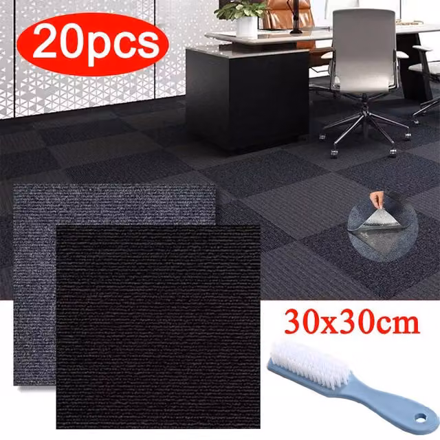 Ventryn 20 Pack Self-Adhesive Carpet Tiles in Black for Office, Retail and Home Flooring