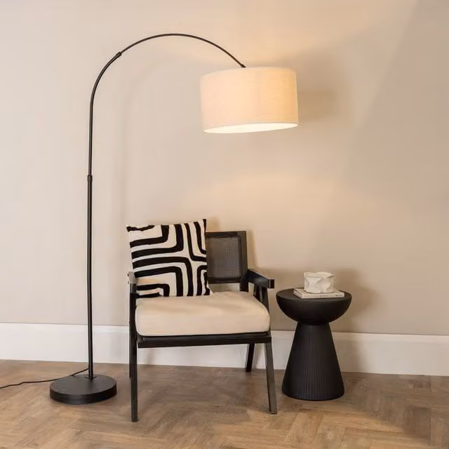 ValueLights Louis Black Metal Arched Floor Lamp with White Fabric Drum Shade and LED Bulb, H 177 x W 45 x D 45 cm
