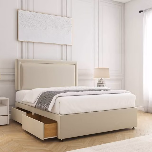 BSSPOKE Ella King Size Plush Velvet Divan Bed with 24 inch Headboard, 2 Drawers and Mattress in Cream