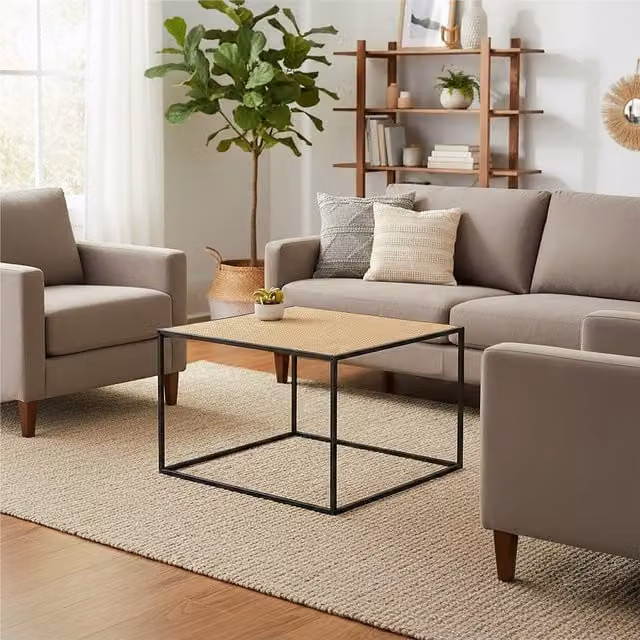 Orsina Modern Square Rattan and Metal Coffee Table, Black, W/D/H: 60 x 60 x 45 cm