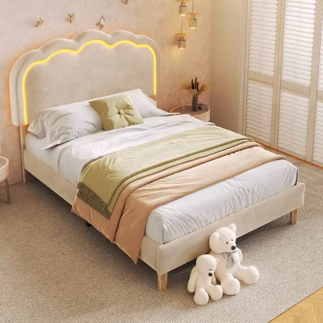 Rolipo Single Bed with LED Under-Bed Lighting, Beige Velvet Upholstered Bed Frame, W/D/H: 90 x 190 cm