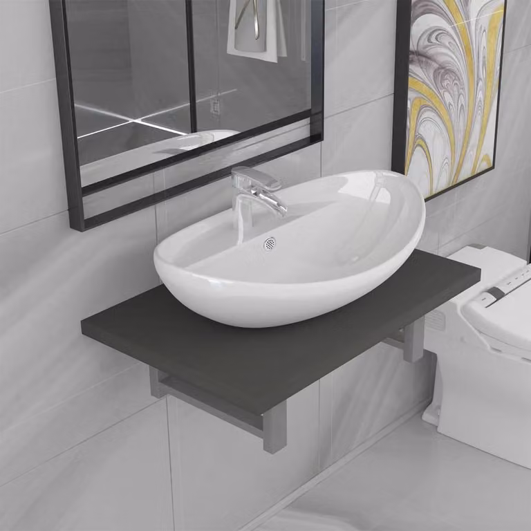 Berkfield Home Two Piece Wall Mounted Bathroom Furniture Set in Grey and White Ceramic