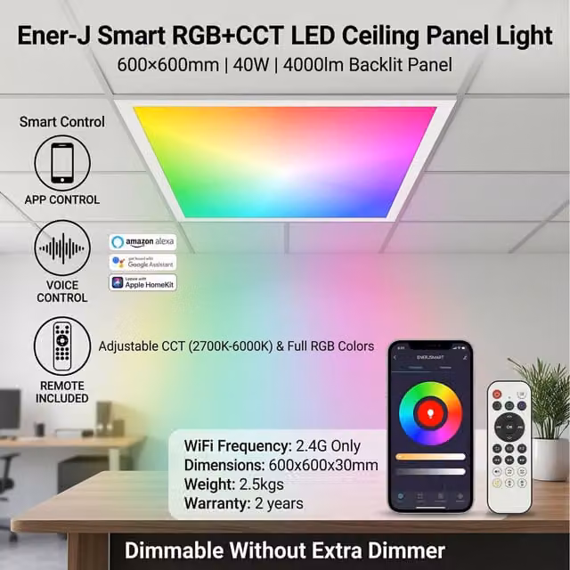Ener-J Smart RGB CCT Backlit LED Panel, 40W, White and Multicolour, W/D/H: 60 x 60 x 1 cm