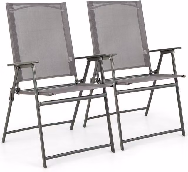 Costway Set of 2 Grey Modern Folding Patio Chairs with Armrests and Textilene Fabric