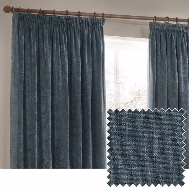 Make It A Home Blue Chenille Velvet Pencil Pleat Curtains, W: 137 cm, H: 229 cm