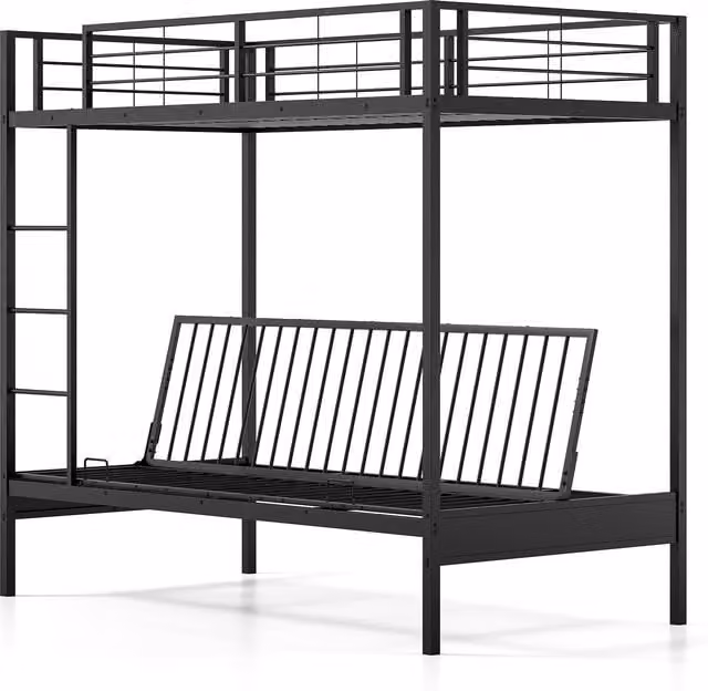 Gymax Single Over Futon Bunk Bed with Ladder and Bedside Shelf, Black
