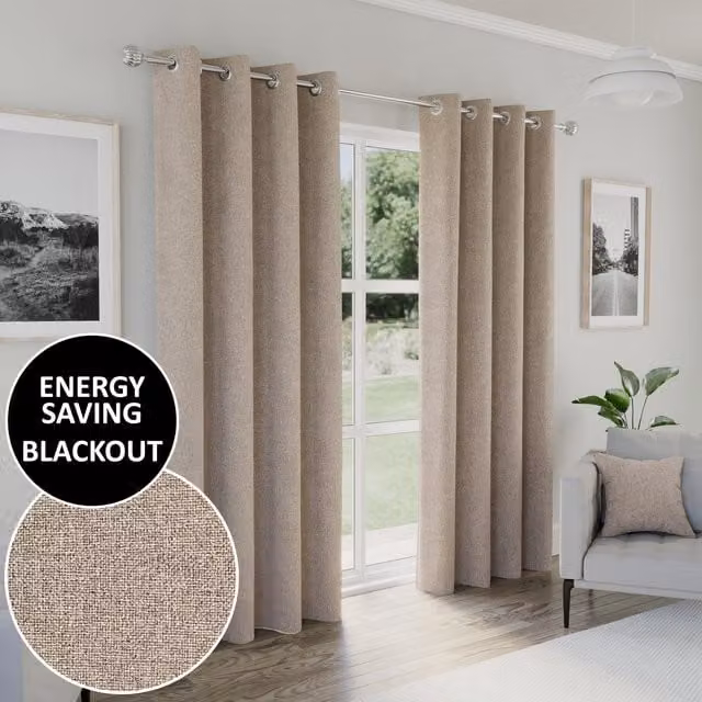 Enhanced Living Plain Blackout Eyelet Curtains, Thermal Insulating, Beige/Brown, W: 117 cm, H: 168 cm