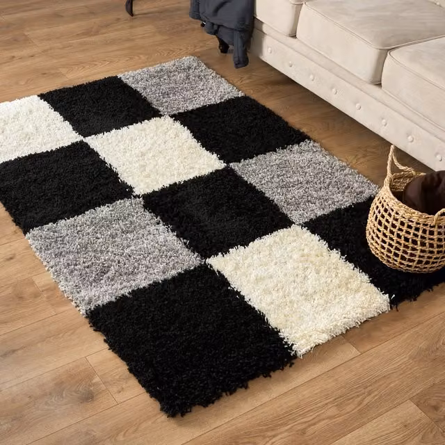 Bravich California Checked Shaggy Rug in Black and Multicolour, W: 230 cm, D: 160 cm
