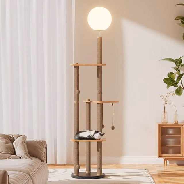 Livingandhome 2-in-1 Cat Climbing Floor Lamp with Sisal Post and Toys, Brown, Height: 40 cm