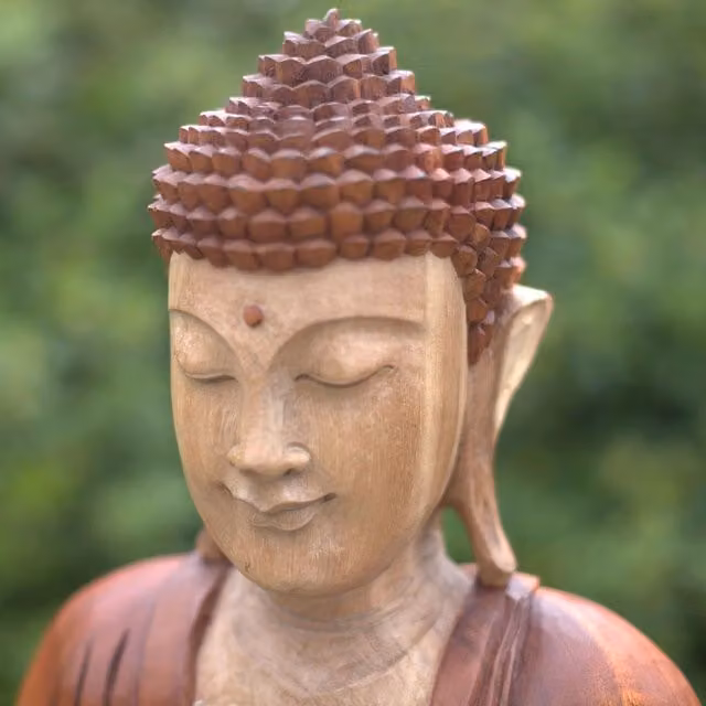 KDMK Hand Carved Suar Wood Buddha Statue, Brown Tabletop Ethnic Art