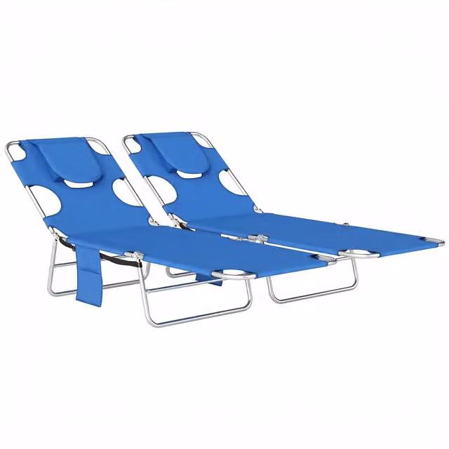 Outsunny Set of 2 Adjustable 5-Position Sun Loungers in Blue with Reading Hole and Side Pocket