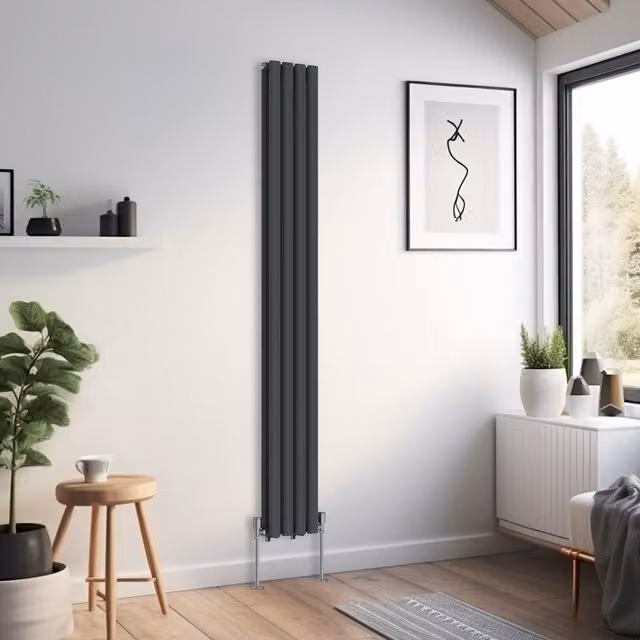 Right Radiators Oval Double Panel Vertical Radiator in Anthracite Grey, H: 180 cm, W: 23.6 cm