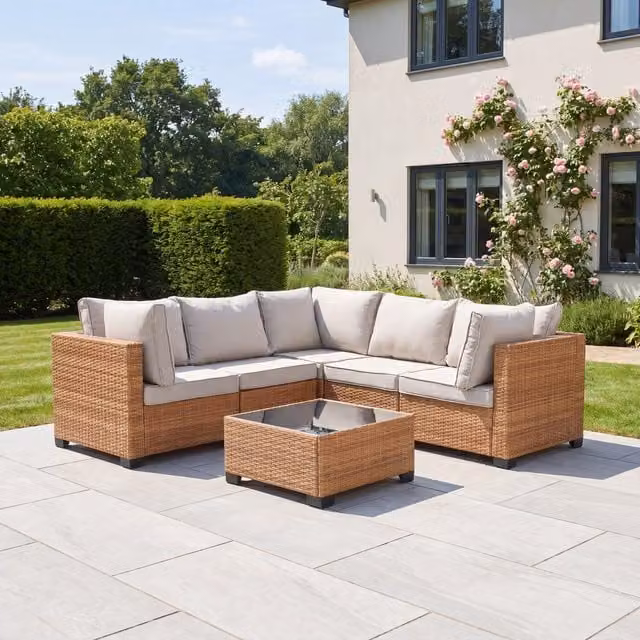 Saviano 5 Seat Modular L-Shaped Rattan Corner Set with Upholstered Cushions and Coffee Table in Beige