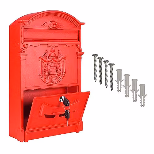 mysmartbuy Red Wall Mounted Lockable Letterbox in Galvanised Steel, H41 x W25.5 x D9 cm