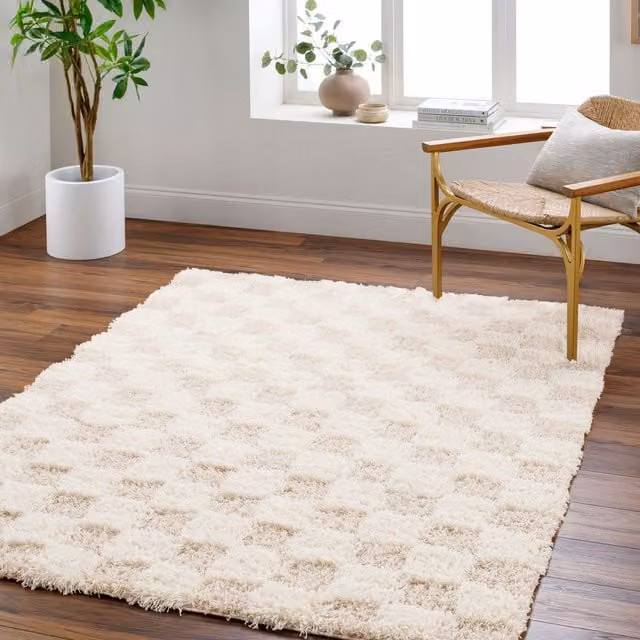 Livabliss Urban Checkerboard Plush Pile Living Room Rug in Light Beige, Yellow, Black and Pink, W: 80 cm, L: 220 cm