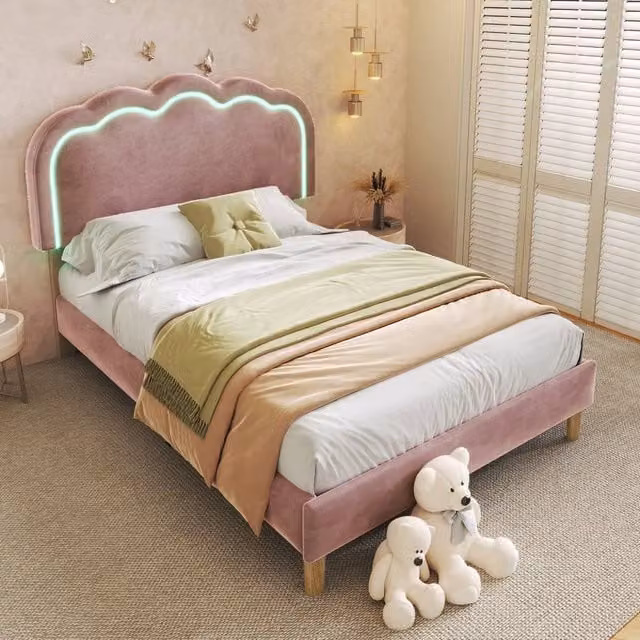 Matteo Pink Velvet Upholstered Single Bed Frame with LED Under-Bed Lighting and Adjustable Headboard