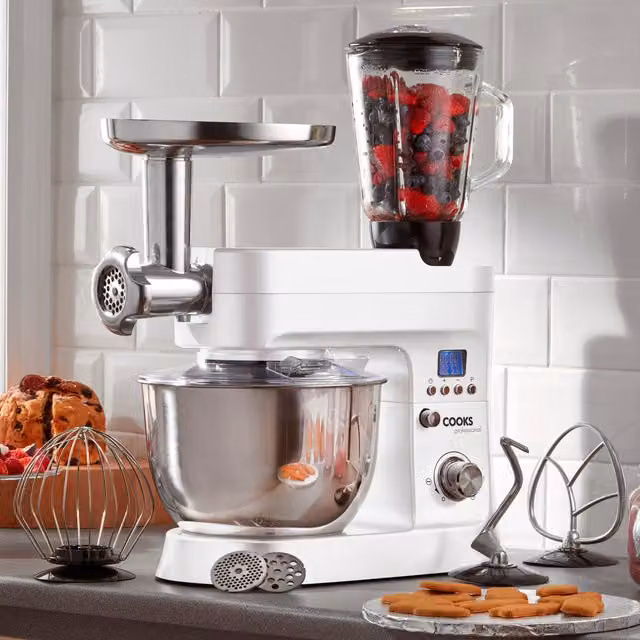 Cooks Professional Multifunction 1200W Stand Mixer with Mincer and Blender, 6.2L Stainless Steel Mixing Bowl, White