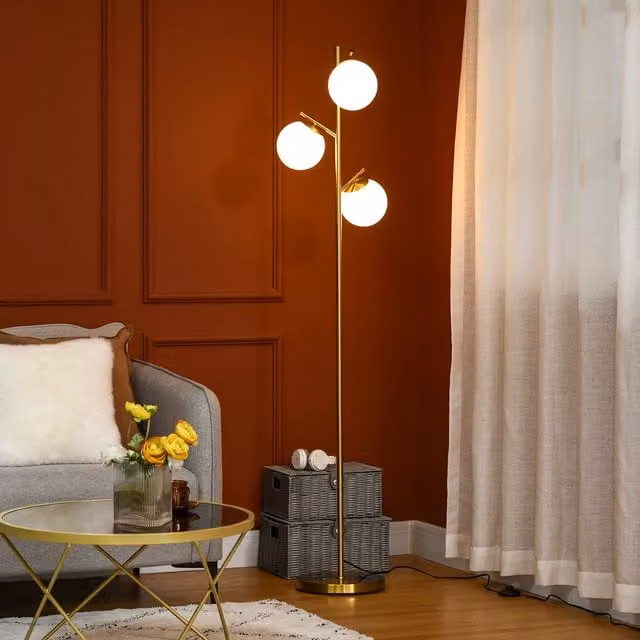 HOMCOM Modern 3-Light Tree Floor Lamp with White Glass Spheres in Gold/Brass