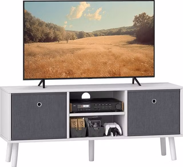 HOMCOM Modern Wood TV Cabinet and Stand in White and Grey for TVs up to 50 Inches with Storage Compartments and Drawer