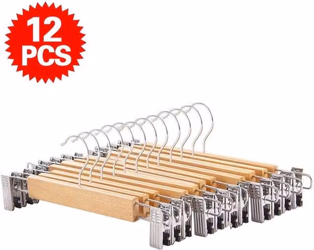 FLAVORA 12 Pack Natural Brown Wooden Trouser and Skirt Hangers with Clips and Bar