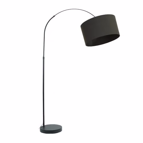 ValueLights Louis Black Metal Arched Floor Lamp with Grey Fabric Drum Shade, H 180 x W 105 x D 45 cm