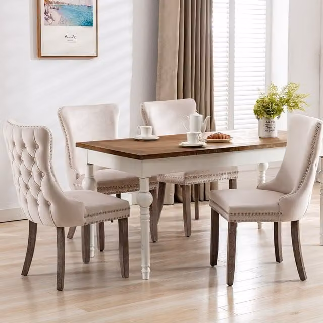 Home Touch Interiors Shalon Velvet Upholstered Dining Chairs with Tufted Wing Back in Beige and White
