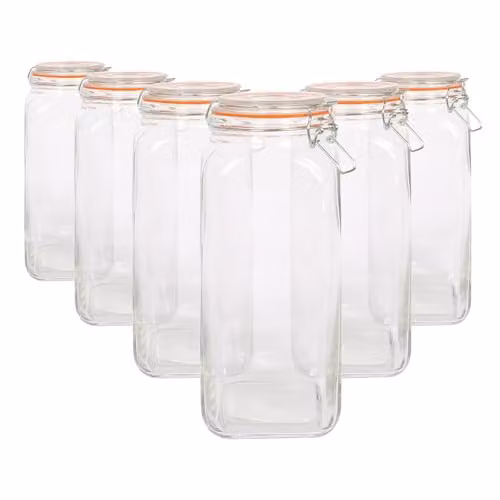 Argon Tableware Pack of 6 Square Glass Jars with Clip-Top Lids, 2L, Transparent