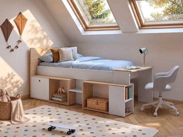 Vente-unique Single Combination Bed with Desk and Storage in White, W/D/H: 200 x 90 x 117.6 cm