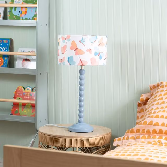 ValueLights Blue Bobbin Stem Table Lamp with Kids Drum Shade and LED Bulb in Powder Blue and Wood