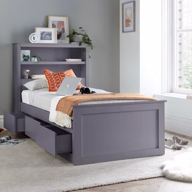 Bedmaster Enzo Grey Solid Wood 3 Drawer Storage Bookcase Bed with Pocket Mattress, 90 x 200 cm