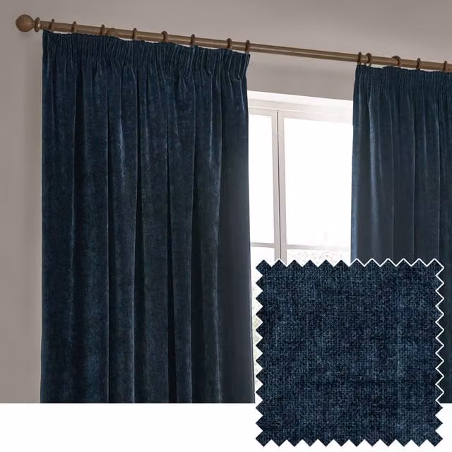 Make It A Home Navy Blue Heavy Chenille Velvet Pencil Pleat Curtains, Height: 183 cm, Width: 117 cm