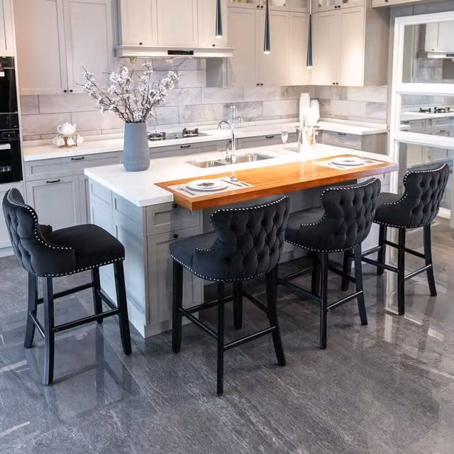 Home Touch Interior Set of 6 Contemporary Black Velvet Upholstered Wing-Back Barstools