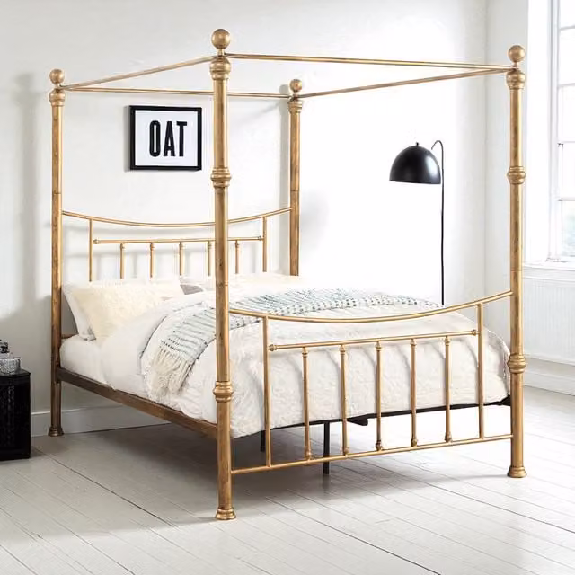 OAT Home Antique Metal 4 Poster Canopy Bed Frame in Gold, Black or Bronze, 140 x 200 cm
