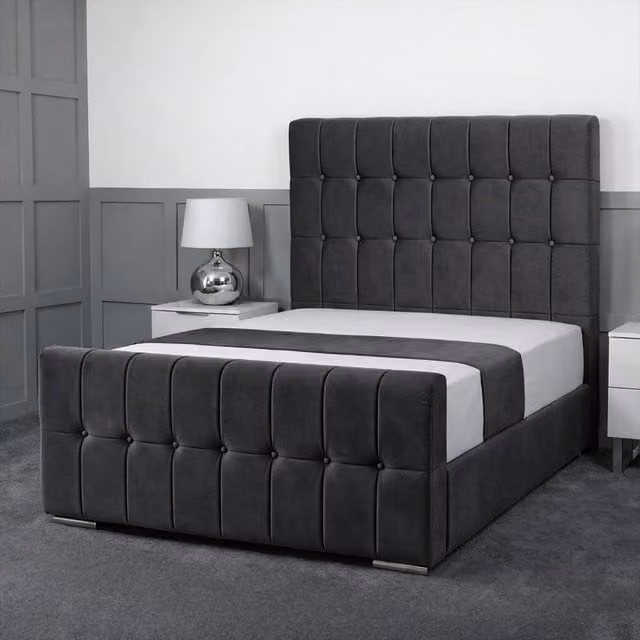 Living Comfort Bedz Belmont Plush Velvet Upholstered Bed with Slatted Base and 48 Inch Headboard in Charcoal Grey Super King