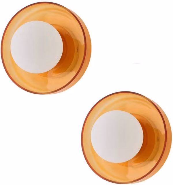 ValueLights Newbury Pair of Amber Glass Globe Bathroom Wall Lights with Bulbs in Gold/Brass Finish