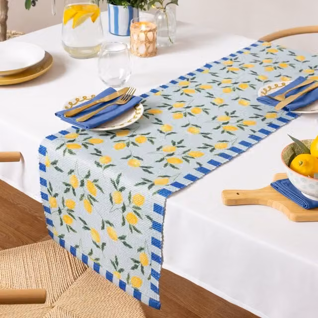 Make it a Home Blue Striped Mediterranean Lemons Indoor-Outdoor Weatherproof Table Runner, Length: 180 cm