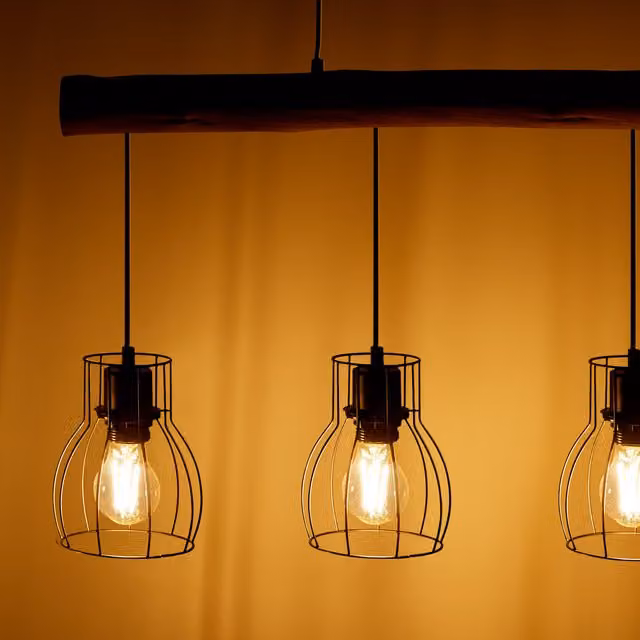tectake Rustic Wood and Black Metal Suspended Pendant Light with 4x E27 LED Bulbs, Height Adjustable
