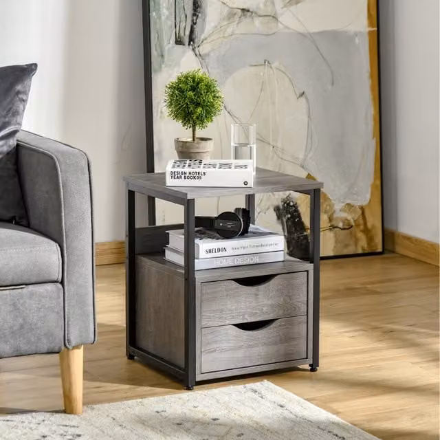 HOMCOM Industrial Side Table with Drawer in Grey and Black